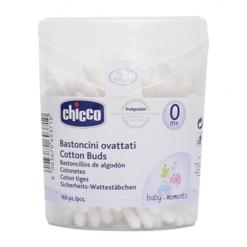 Chicco палочки ватные baby moments без ограничителя, 160 штук