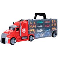 Givito Набор машинок серии "Мой город" (Автовоз - кейс 54 см, красный, с тоннелем.6 машинок и 10 дорожных знаков)					