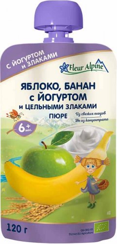 Fleur Alpine Пюре детское Яблоко, банан с йогуртом и цельными злаками, с 6 месяцев, 120 г