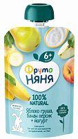 ФрутоНяня Пюре Яблоко-груша-банан-персик с йогуртом, с 6 месяцев, 90 г					