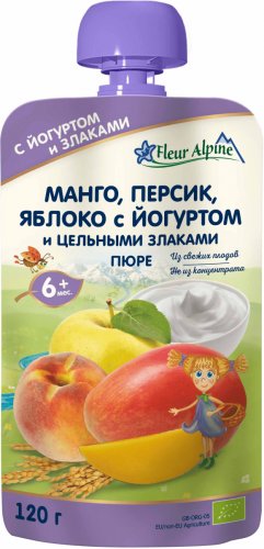 Fleur Alpine Пюре детское Манго, персик, яблоко с йогуртом и цельными злаками, с 6 месяцев, 120 г
